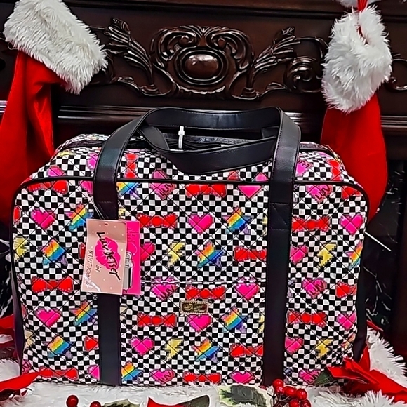 BETSEY JOHNSON BLACK/MULTICOLORED PIXEL SQUARE CLOTH LUV BETSEY WEEKENDER - Picture 1 of 6